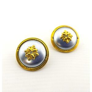 Vintage 80's Avon Round Button Earrings Pearlized Center Gold Tone 1.25" Posts
